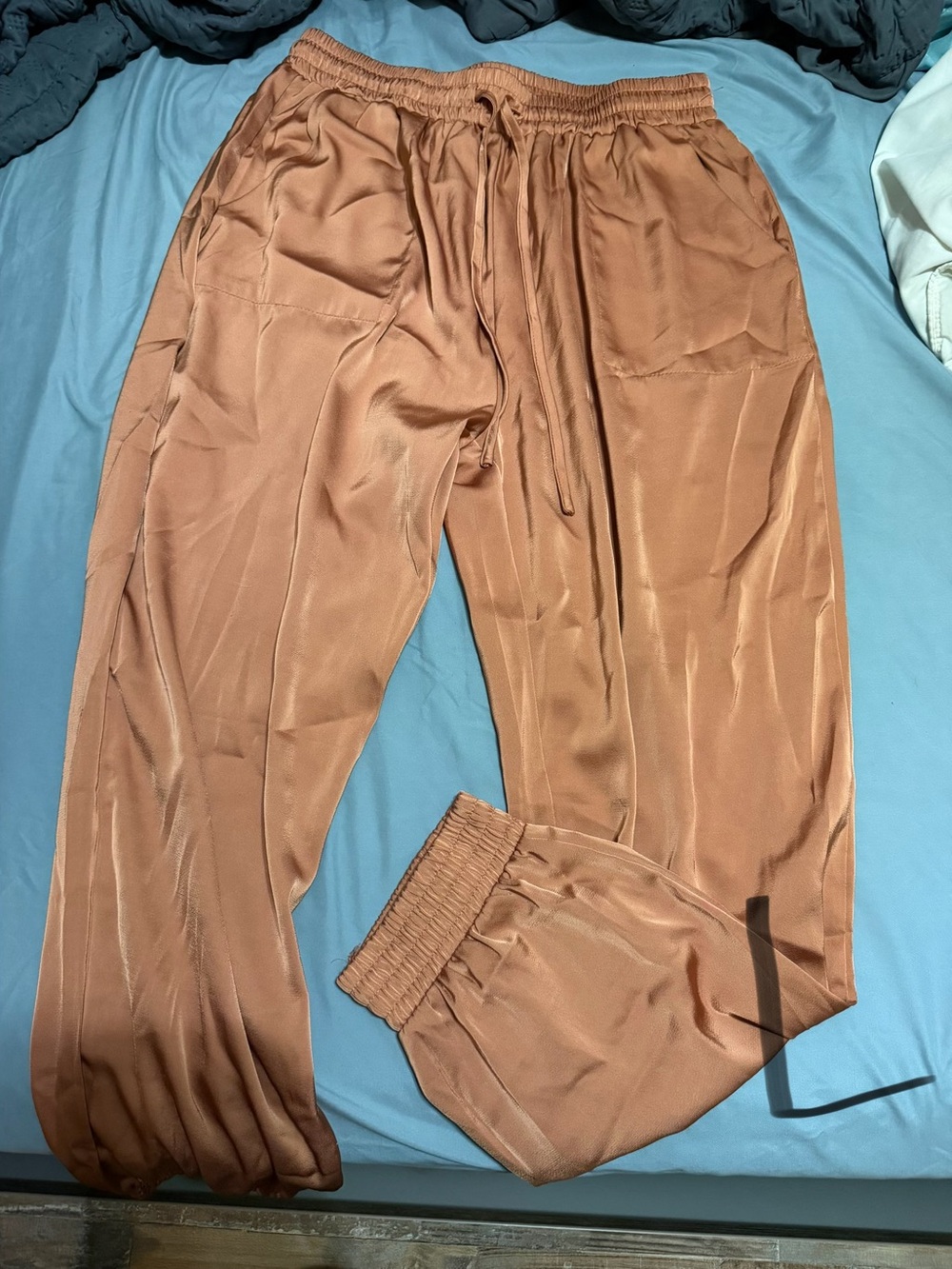 Amazon Satin Track Joggers in Rust Brown